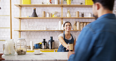 Buy stock photo Happy, woman and giving coffee at cafe for customer service, espresso drink and order collection. Female waiter, client and serving beverage for breakfast catering, friendly and hospitality industry