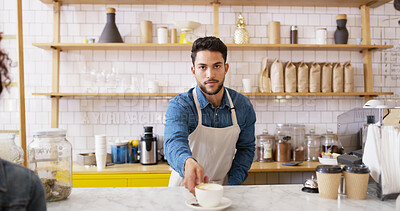 Buy stock photo Coffee shop, waiter and portrait of man for service with drink, caffeine beverage and cappuccino. Small business, barista and person with mug in restaurant, cafe and diner on counter for customer