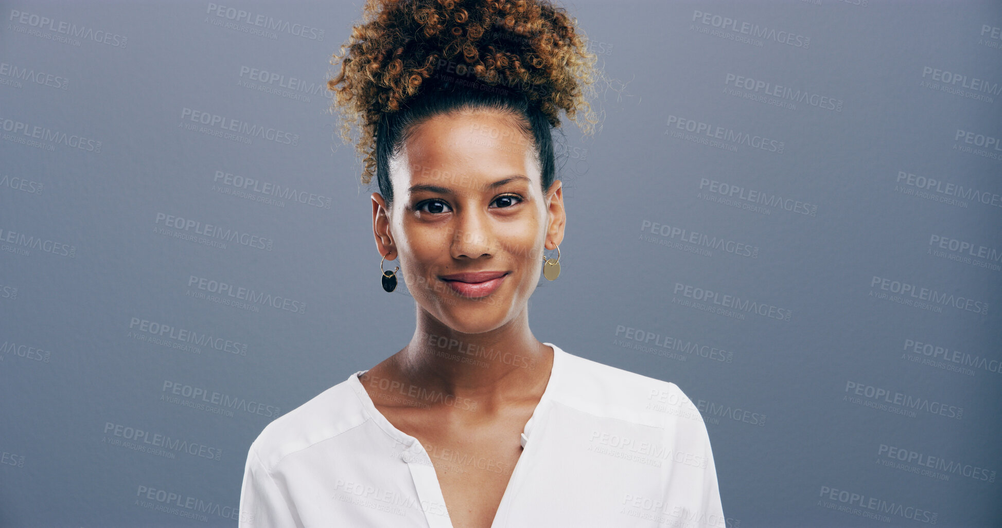 Buy stock photo Smile, woman and portrait of teacher in studio with pride for tutor career for education. Happy, confident and female educator at elementary school from Colombia with knowledge by gray background.