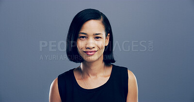 Buy stock photo Portrait, proud and woman with smile in studio for ambition, creative career and about us as designer. Happy, female person and confident, internship program and friendly attitude on gray background