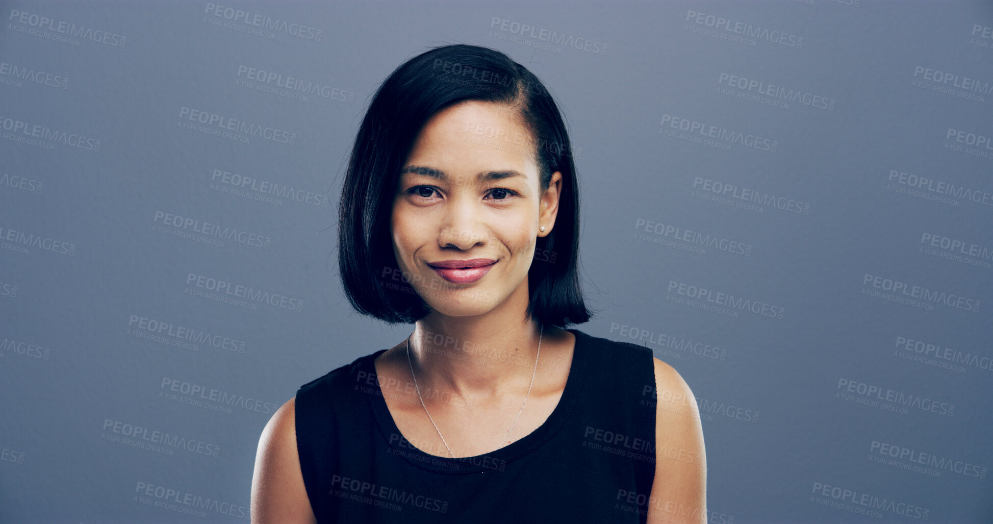 Buy stock photo Portrait, proud and woman with smile in studio for ambition, creative career and about us as designer. Happy, female person and confident, internship program and friendly attitude on gray background