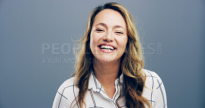 Buy stock photo Laugh, portrait and businesswoman in studio with confidence for corporate job. Happy, pride and female employment lawyer from London with labour relations case for career growth by gray background.