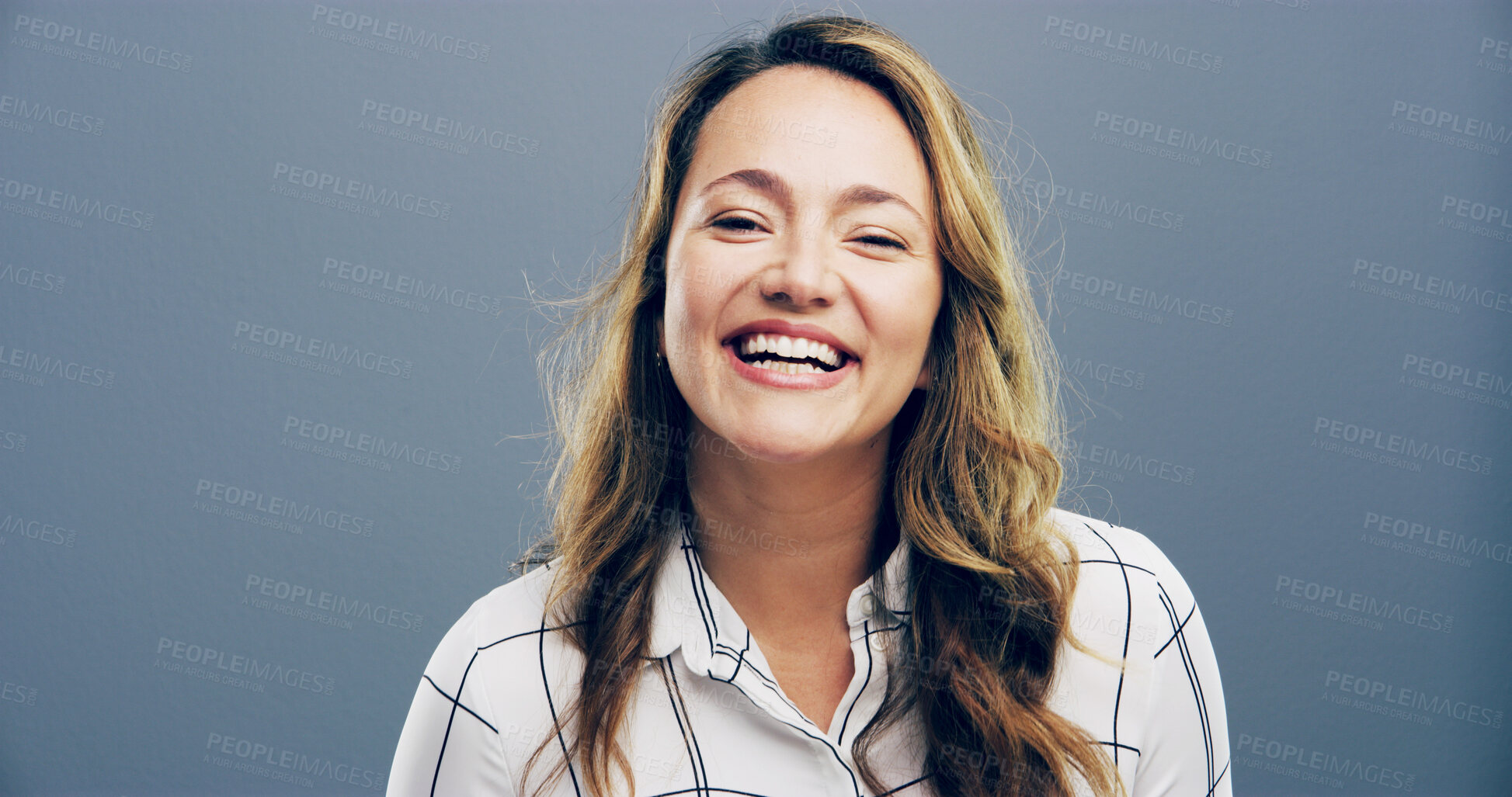 Buy stock photo Laugh, portrait and businesswoman in studio with confidence for corporate job. Happy, pride and female employment lawyer from London with labour relations case for career growth by gray background.