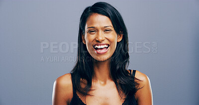 Buy stock photo Portrait, happy and woman with pride in studio for ambition, creative career and about us as designer. Smile, female person and laughing for funny joke, proud and friendly attitude on gray background