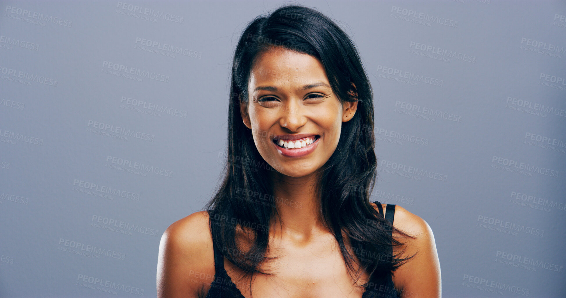 Buy stock photo Portrait, confident and woman with smile in studio for ambition, creative career and about us as designer. Happy, female person and pride, internship program and friendly attitude on gray background