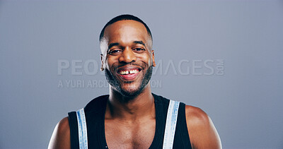 Buy stock photo Exercise, portrait and smile of black man on studio space for athletics, health or wellness. Fitness, gym and happy with confident coach or personal trainer isolated on gray background mockup
