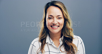 Buy stock photo Happy, portrait and businesswoman in studio with confidence for corporate career. Smile, pride and female employment lawyer from London with labour relations case, project or task by gray background.