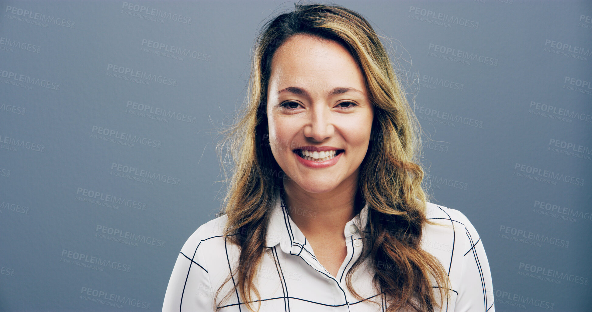 Buy stock photo Happy, portrait and businesswoman in studio with confidence for corporate career. Smile, pride and female employment lawyer from London with labour relations case, project or task by gray background.