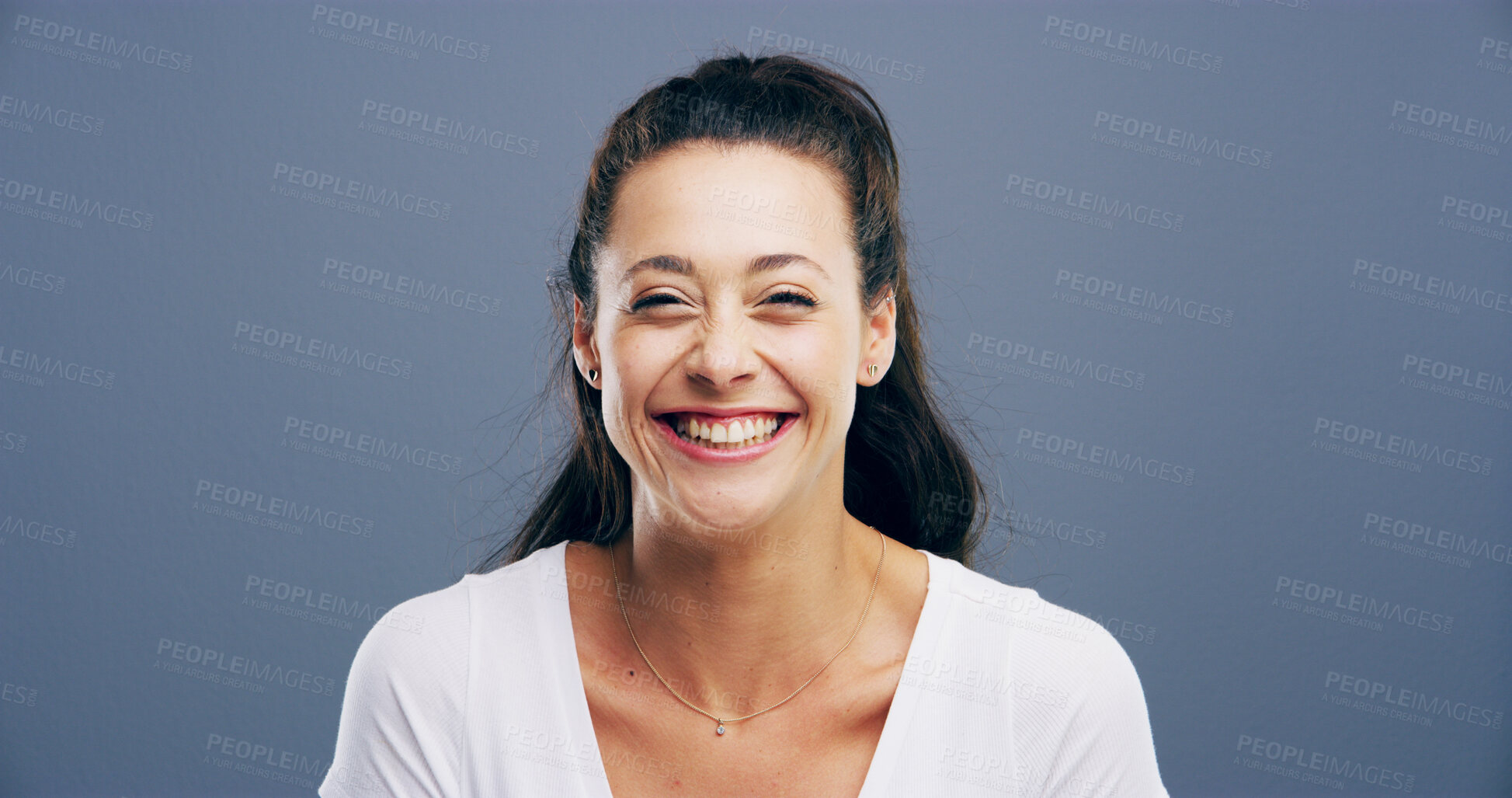 Buy stock photo Laugh, woman and portrait of teacher in studio with pride for tutor career for education. Happy, confident and female educator at elementary school from London with knowledge by gray background.