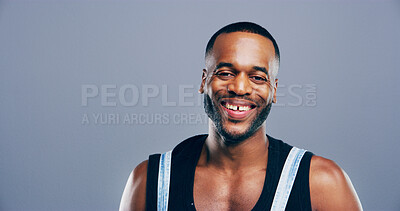 Buy stock photo Fitness, gym and portrait of black man on studio space for exercise, health or wellness. Coach, smile and performance with confident athlete or personal trainer isolated on gray background mockup