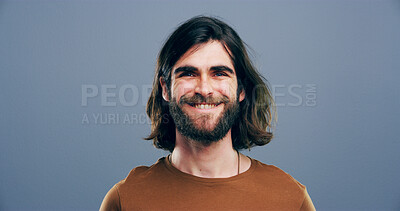 Buy stock photo Smile, creative and pride with portrait of man in studio for storyboard artist, inspiration and talent. Happy, business or comic designer with face of person on background space for confidence or joy