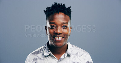 Buy stock photo Smile, creative and portrait of black man in studio for storyboard artist, inspiration and talent. Happy, pride and comic designer with face of person on background space for confidence and business