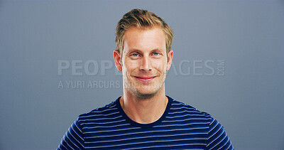 Buy stock photo Creative, business and portrait of man in studio for storyboard artist, inspiration and talent. Happiness, pride and comic designer with face of person on background for confidence and smile