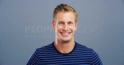 Buy stock photo Smile, business and creative with portrait of man in studio for storyboard artist, inspiration and talent. Happiness, pride and comic designer with face of person on background for confidence and joy