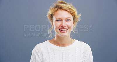 Buy stock photo Happiness, student and portrait of woman in studio for college, youth and education future. Smile, learning and knowledge with female person on background for space, academy and University pride 