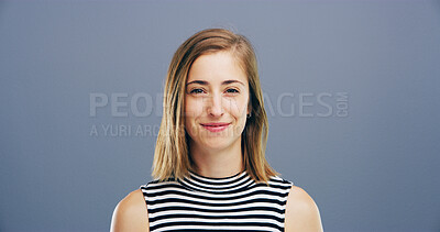 Buy stock photo Intern, business and portrait of woman in studio for storyboard artist, inspiration and talent. Creative, pride and comic designer student with face of person on background for confidence and smile