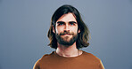 Writer, portrait and man in studio with positive mindset for creative, career growth and business. Confidence person, freelancer and professional  with gray background, mockup space and entrepreneur