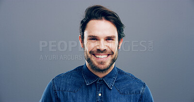 Buy stock photo Pride, business and creative with portrait of man in studio for storyboard artist, inspiration and talent. Happiness, smile and comic designer with face of person on background for confidence and joy