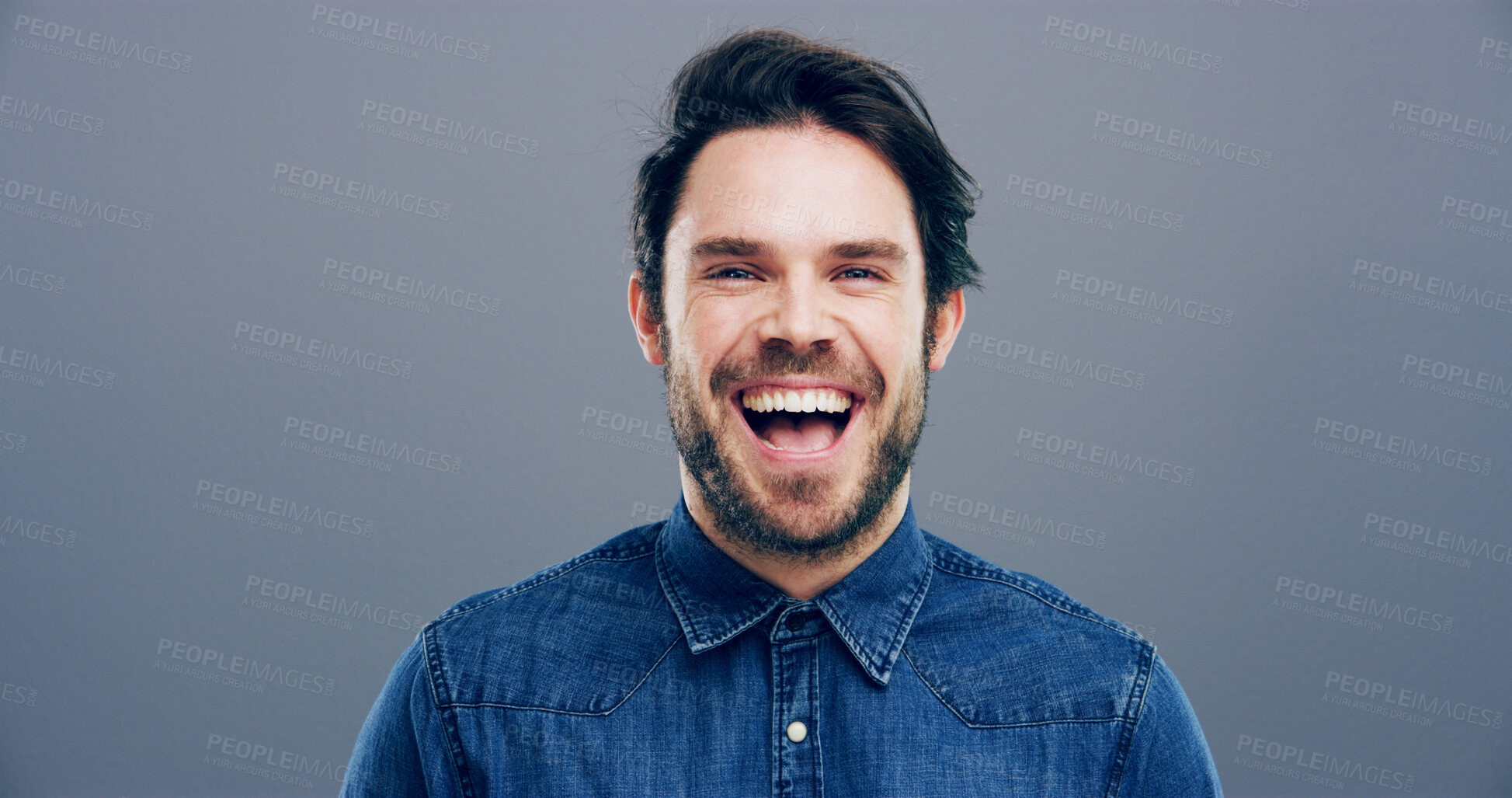 Buy stock photo Laugh, business and creative with portrait of man in studio for storyboard artist, inspiration and talent. Happiness, pride and comic designer with face of person on background for confidence and joy