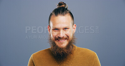 Buy stock photo Smile, business and hipster with portrait of man in studio for storyboard artist, inspiration and talent. Happiness, pride and comic designer with face of person on background for confidence and joy
