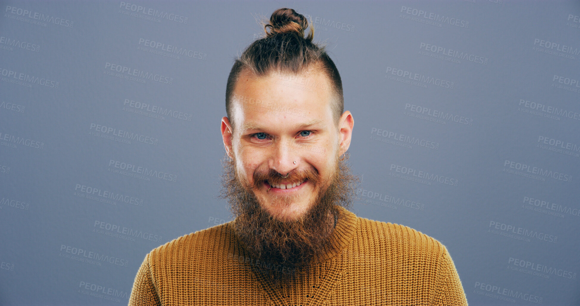 Buy stock photo Smile, business and hipster with portrait of man in studio for storyboard artist, inspiration and talent. Happiness, pride and comic designer with face of person on background for confidence and joy