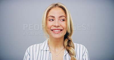 Buy stock photo Thinking, happy and woman with pride in studio for ambition, creative career and about us as designer. Smile, female person and laughing for funny joke, proud and friendly attitude on gray background