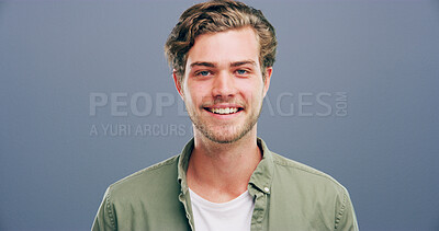 Buy stock photo Joy, business and creative with man in studio for storyboard artist, inspiration and talent. Happiness, pride and comic designer with portrait of male person on background for confidence and smile