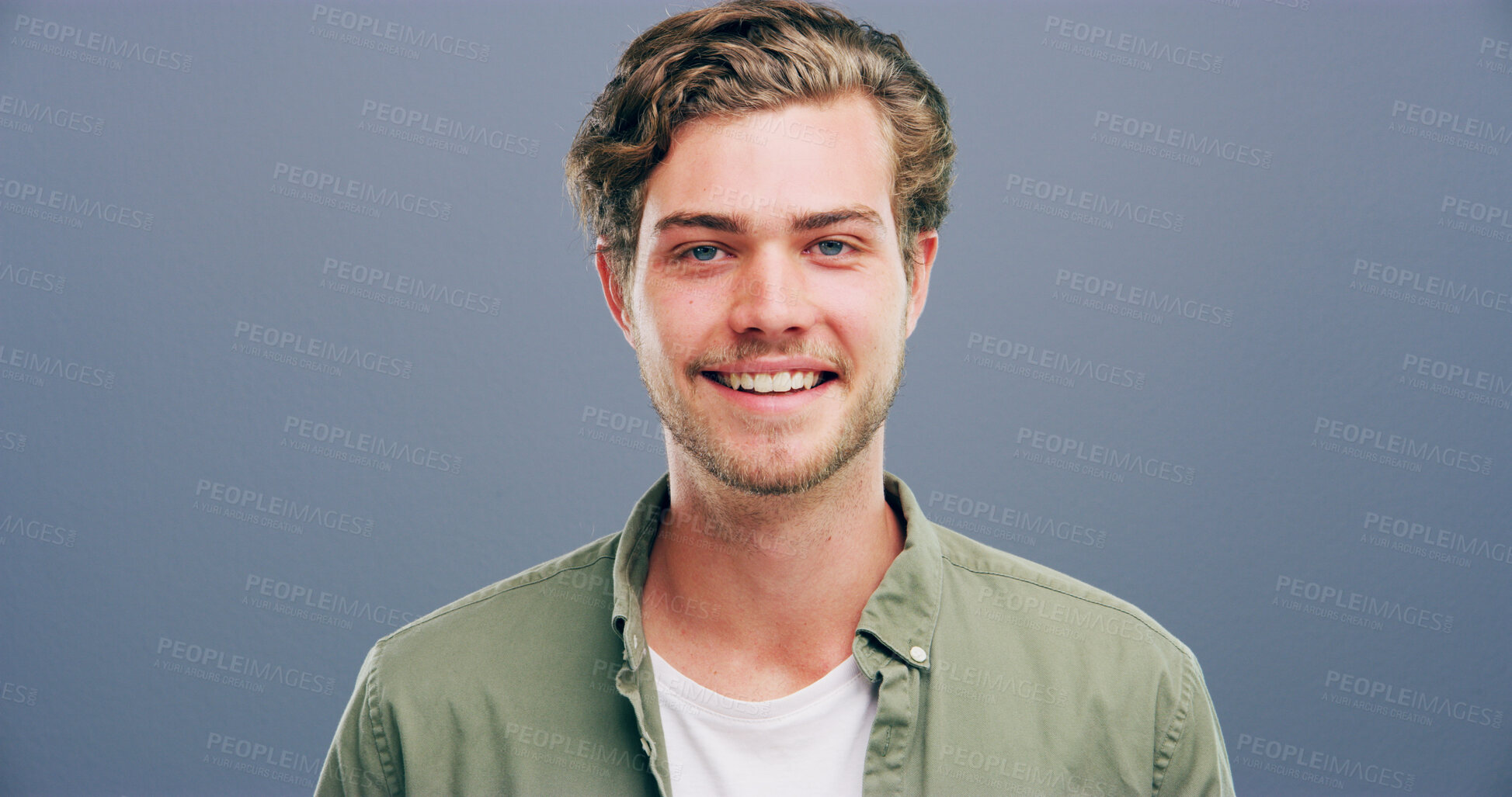 Buy stock photo Joy, business and creative with man in studio for storyboard artist, inspiration and talent. Happiness, pride and comic designer with portrait of male person on background for confidence and smile