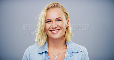 Buy stock photo Portrait, smile and woman with pride in studio for ambition, creative career and about us as designer. Happy, female person and confident, internship program and friendly attitude on gray background