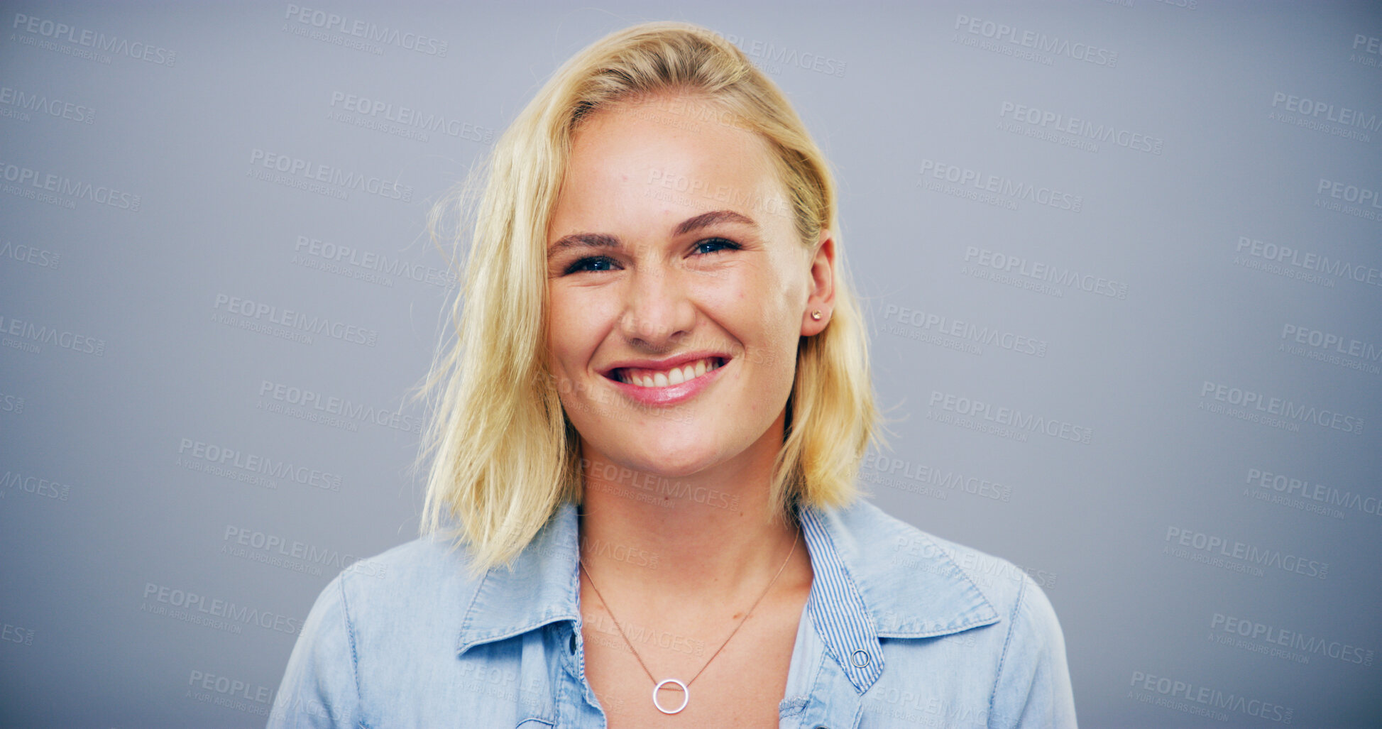 Buy stock photo Portrait, smile and woman with pride in studio for ambition, creative career and about us as designer. Happy, female person and confident, internship program and friendly attitude on gray background