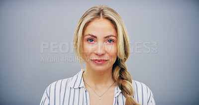Buy stock photo Portrait, serious and woman with pride in studio for ambition, creative career and about us as designer. Confident, female person and experience, space and startup opportunity on gray background