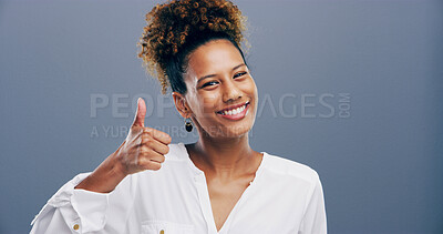 Buy stock photo Happy woman, portrait and thumbs up with feedback in studio for opinion or good job on a gray background. Female person, model or smile with like emoji or yes sign for positive approval or success