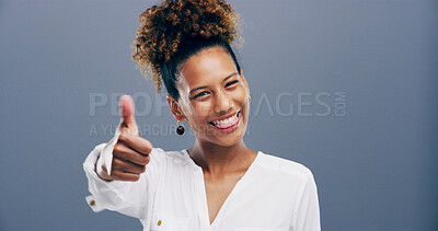 Buy stock photo Thumbs up, happy and portrait of woman in studio for approval, success and feedback. Like emoji, yes sign and agreement with African person on background space for vote, symbol and promotion icon 