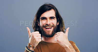 Buy stock photo Thumbs up, winner and portrait of man in studio for approval, success and feedback. Like emoji, yes sign and agreement with male person and smile on background for vote, symbol and promotion icon 