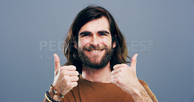 Buy stock photo Thumbs up, hands and portrait of man in studio for approval, success and feedback. Like emoji, yes sign and agreement with male person and smile on background for vote, symbol and promotion icon 