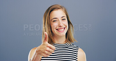 Buy stock photo Thumbs up, smile and like with portrait of woman in studio for approval, success and feedback. Yes emoji, sign and agreement with female person on background space for vote, symbol and promotion icon