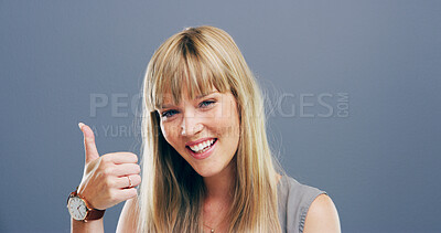 Buy stock photo Thumbs up, smile and hands with portrait of woman in studio for approval, success or feedback. Like emoji, yes sign and agreement with female person on background for vote, symbol and promotion icon