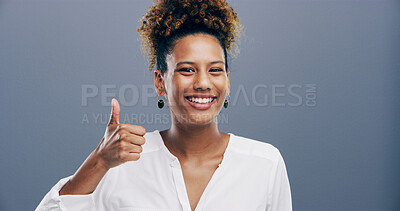 Buy stock photo Thumbs up, smile and portrait of african woman in studio for approval, success and feedback. Like emoji, yes sign and agreement with female person on background for vote, symbol and promotion icon 
