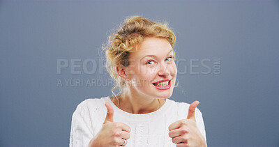 Buy stock photo Happy woman, portrait or agreement with thumbs up for reaction on a gray studio background. Female person, model or smile with like emoji, gesture or yes sign for positivity, approval or satisfaction