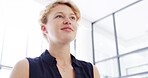 Thinking, writer and woman with ideas, office and inspiration for story in creative agency or planning. Contemplating, editor and thoughtful for project in business, wondering or person with deadline