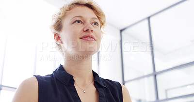 Buy stock photo Thinking, writer and woman with ideas, office and inspiration for story in creative agency or planning. Low angle, editor and thoughtful for project in business, wondering and person with deadline