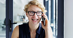 Happy woman, creative designer or glasses with phone call for communication, chat or conversation. Female person, employee or talking with smile on mobile smartphone for business discussion or design