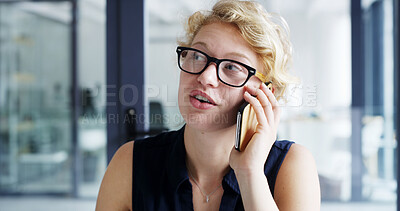 Buy stock photo Woman, creative designer or glasses with phone call for communication, chat or conversation at office. Female person, employee or talking with mobile smartphone for business discussion or design