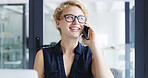Happy woman, creative and designer with glasses or phone call for communication or conversation at office. Female person, business or employee with smile on mobile smartphone for chat or discussion