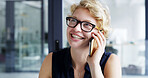 Happy, business woman and creative with phone call for communication or conversation at office. Female person, designer or employee with smile on mobile smartphone for online discussion, app or chat