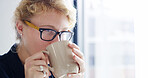 Thinking, writer and woman with coffee, office and inspiration for story in creative agency or planning. Contemplating, editor and thoughtful for project on break, person and drinking tea in business