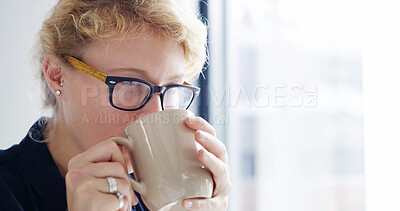 Buy stock photo Thinking, writer and woman with coffee, office and inspiration for story in creative agency or planning. Contemplating, editor and thoughtful for project on break, person and drinking tea in business