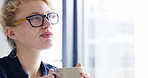 Thinking, creative and woman with coffee, decision and writer with glasses in office, idea or option. Contemplating, editor and thoughtful for project on break, morning or person with tea in business