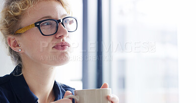 Buy stock photo Thinking, creative and woman with coffee, decision and writer with glasses in office, idea or option. Contemplating, editor and thoughtful for project on break, morning or person with tea in business