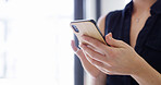 Hands, communication and texting with smartphone, office and schedule for business meeting on social media. Closeup, receptionist and person with mobile for networking, chatting or employee with tech
